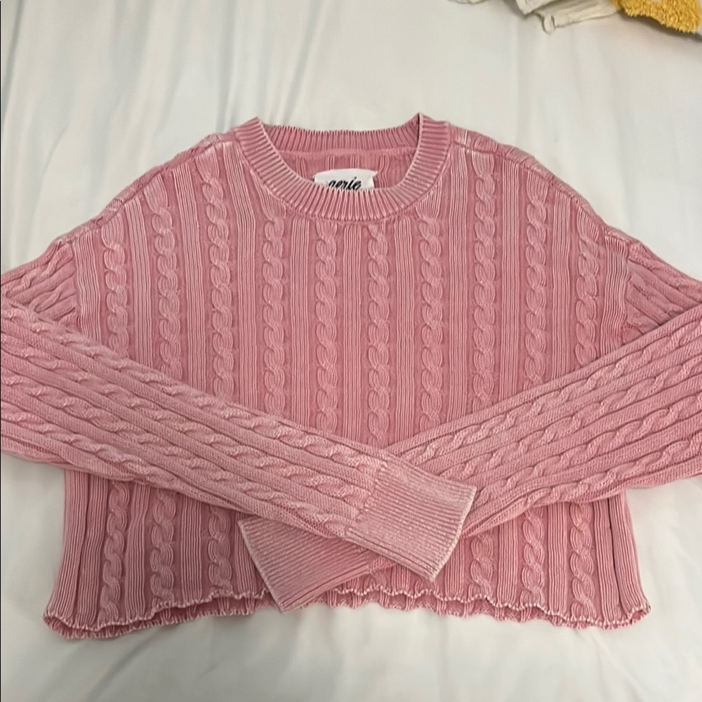 Aerie Pink Cable Knit Crew Neck Sweater